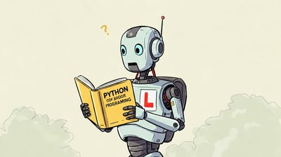 Robot hojeando un libro de Python sin entenderlo. Lleva una L de prácticas.
