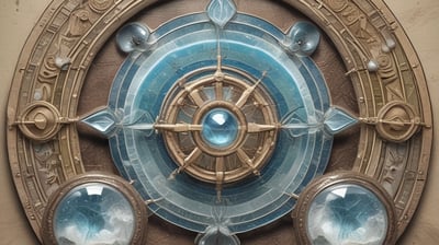 A clear quartz crystal stands upright on a circular, decorative mandala-patterned base. The background includes a soft fabric pouch with a geometric design and a round card with text, adding to the aesthetic appeal.