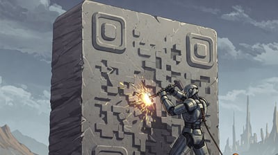 Robot humanoide gigante tallando en piedra un código QR.