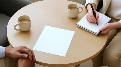 a man and woman sitting at a table with coffee cups