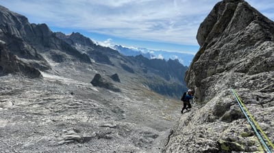 Half way up the route Mauri Fiorelli on Punta Torelli