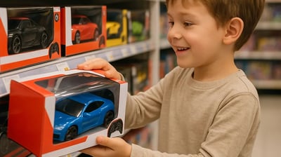 niño escogiendo un carro a control remoto en una tienda