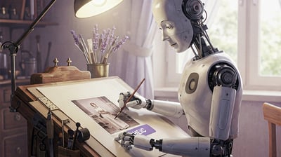 Robot humanoide reproduciendo una foto HEIC sobre una mesa de dibujo.