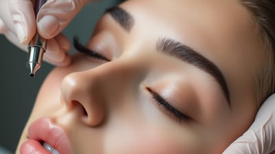 a woman getting her eyebrows done by a professional makeup artist