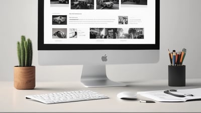 A laptop computer with a website displayed on the screen featuring the text 'Exceptional Web Application design & development'. The laptop is on a dark surface, and the website has a clean and modern design with a light background and colorful text elements.