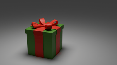 A 3D-rendered gift box with a green base and red ribbon bow, created in Blender.