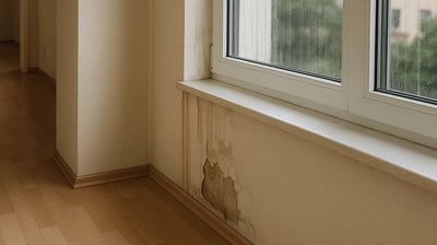  Interior de vivienda con humedad en la pared bajo una ventana.