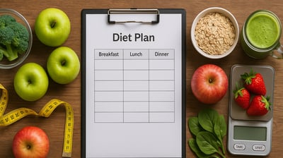 Ernährungsberatung: frisches Obst, Gemüse, Haferflocken und Diätplan auf rustikalem Holztisch.