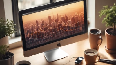 A laptop displaying a website design with the phrase 'Build your dream website.' next to a minimalistic building image. The scene also includes a modern mug and a smartphone placed on a wooden desk.