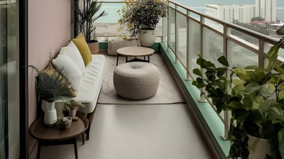 a balcony with a couch and a table