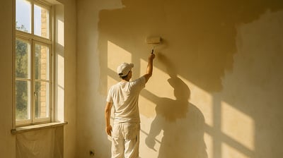 Pintor aplicando tinta amarela em parede interna iluminada pela luz natural, com baldes e rolo