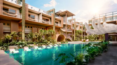a large swimming pool with a large white elephant statue
