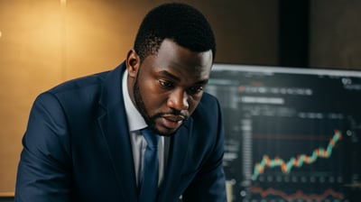 a man in a suit and tie is looking at a paper with a chart