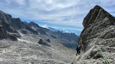 Half way up the route Mauri Fiorelli on Punta Torelli