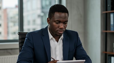 a man in a suit and tie is looking at his tablet computer