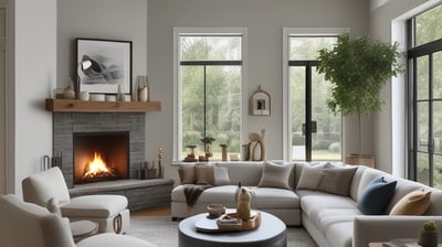 The image features modern architectural design with multiple levels of wooden slatted panels forming a staircase. The interior is spacious with large windows allowing natural light to illuminate the area. The wooden textures create a warm atmosphere, and the open layout presents a clean, minimalist style.