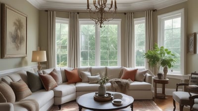 An elegant interior featuring a luxurious hallway. The space is adorned with gold and dark accents, with tall curtains and polished floors. Plants add a touch of greenery, and modern seating surrounds a glass-topped table in the foreground. A central round table, partially obscured, displays decorative items, while ambient lighting complements the sophisticated atmosphere.