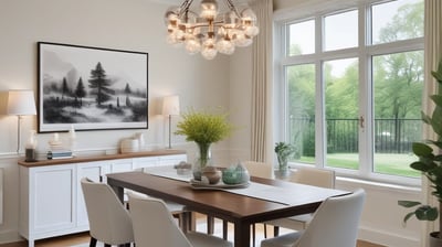 An elegant interior space featuring a modern staircase with marble steps. The area includes an arrangement of potted plants and small trees set among rocks, creating a serene garden-like atmosphere. Natural light streams in through large windows, highlighting the clean lines and sophisticated design.