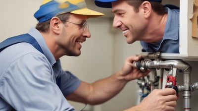 A room under renovation with unfinished walls and windows. A person is working on the floor, surrounded by construction materials including paint buckets, wooden planks, and plastic sheets. Sunlight streams in through the large windows, casting shadows on the partially plastered walls.