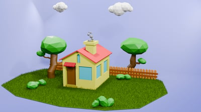 Low Poly House Game Ready 3D model, optimized for performance in FBX, OBJ, and Blender formats, perfect for game development.