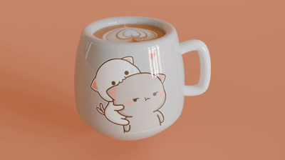 A 3D-rendered coffee mug with a cute cartoon cat design, featuring a glossy ceramic finish.