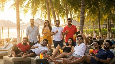 Young adults (25–40) relaxing stress-free at a scenic travel spot.
