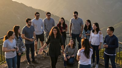 Young adults (25–40) bonding at a scenic spot, welcoming a solo traveler.