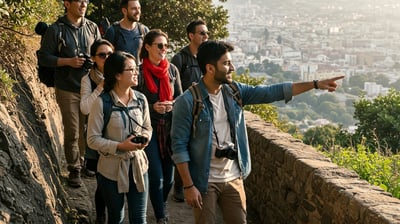 Group of 25–40 year olds exploring together, curious and connected in a scenic location.