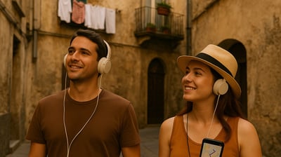 young couple walking through a sunlit alley in Cagliari, wearing headphones and smiling as they fol