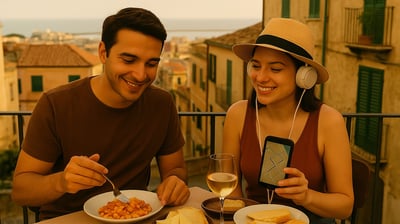 A young couple enjoying a traditional Sardinian meal at an outdoor restaurant in Cagliarii