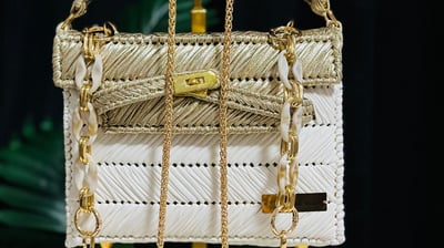 a purse with a chain link chain and a gold chain link