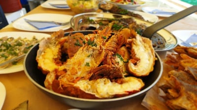 lunch on boat, traditional greek food,