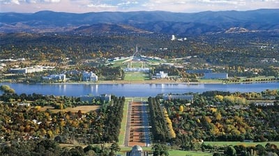 a view of the canberra city skyline from the air