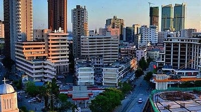 a city skyline view of a city with tall buildings