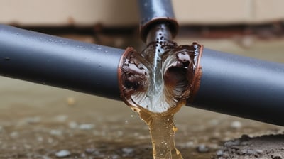 A person in a red shirt is fixing or inspecting plumbing under a sink. The scene includes various pipes, connectors, and a disposal unit. The lighting is bluish, illuminating the area where the person is working.