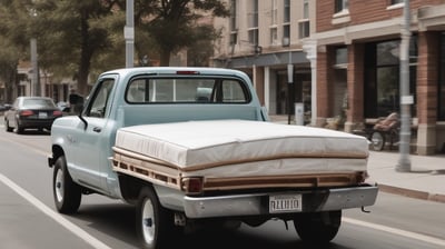 A large moving truck is parked on a residential street in front of a house with beige siding and white garage door. The truck is branded with 'Los Angeles Transfer And Storage,' featuring contact information and graphics of a city skyline. The sky is overcast, and the street is empty.