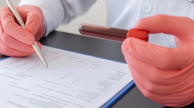a doctor's hands holding a pen and writing on a paper