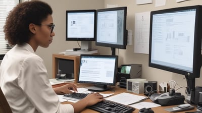 A woman is seated at a desk utilizing her computer to complete an online notarization.