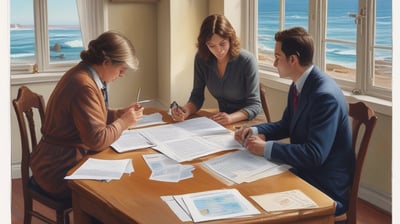 A man is seated at a table at a beach house reviewing documents with women prior to notarization.
