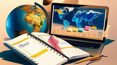 a laptop computer and a notebook with a globe on it