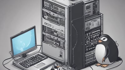 A close-up view of a network server or data center with numerous cables and connections. Orange cables are neatly arranged in the foreground, while various ports and connectors are visible in the background.