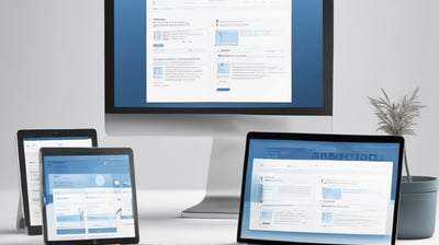 A laptop computer with a website displayed on the screen featuring the text 'Exceptional Web Application design & development'. The laptop is on a dark surface, and the website has a clean and modern design with a light background and colorful text elements.