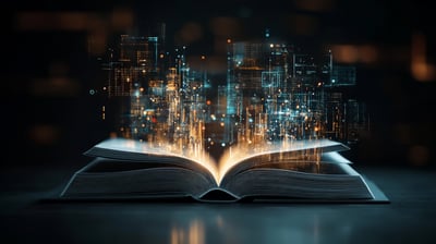 A book open with digital messaging coming through. Showing frameworks and value