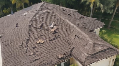 A roof covered with uniform, dark-colored tiles featuring a single red metal vent pipe protruding from the surface. Some tiles around the pipe are missing or displaced, revealing the underlying structure.