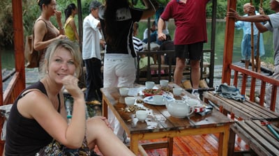 Tracey Billington on a Tea Raft at the Yulonghe scenic area, near Yangshuo, China