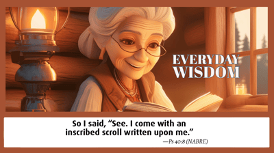 Sweet, old lady reading book in a cozy log cabin by a gas lamp.