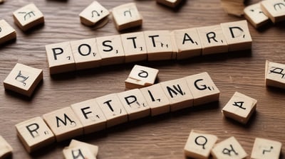 Wooden Scrabble tiles spell out the words 'POSTCARD MARKETING' on a textured wooden surface.