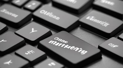 Scrabble tiles arranged to spell 'ONLINE MARKETING' on a wooden table with a textured surface.