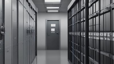 A security post with large glass windows under a slanted roof. The building is primarily grey with prominent red accents. In the background, there are lush green trees and overcast skies, suggesting a cloudy day. The post has 'POS SECURITY 02' written on it.