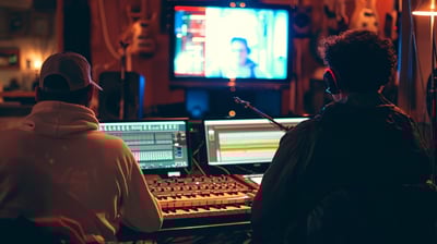 two men sitting at a recording studio desk with a television and a television